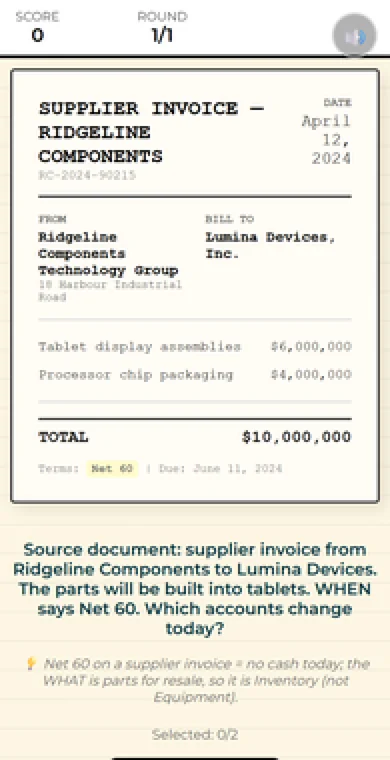 A screen from Account Spotter showing a supplier invoice and asking which accounts change.