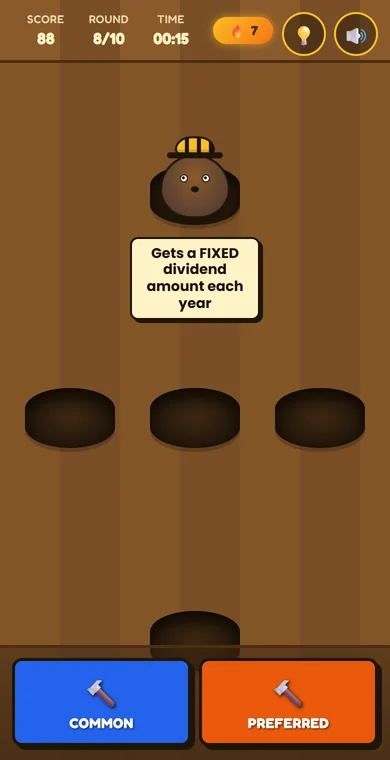 A screen from Common or Preferred? showing a mole holding a card that reads gets a fixed dividend amount each year, with common and preferred mallets below.