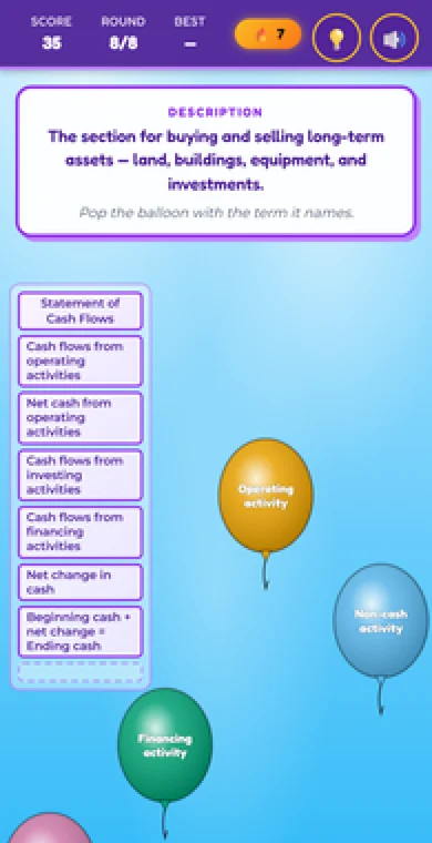 A screen from Cash Flow Words showing floating balloons labelled operating activity, financing activity and non-cash activity, above a list of cash flow terms.