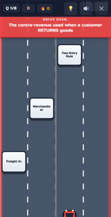 A screen from Concept Racer showing a three-lane road with answer cards driving toward the player's car, asking for the contra-revenue used when a customer returns goods.